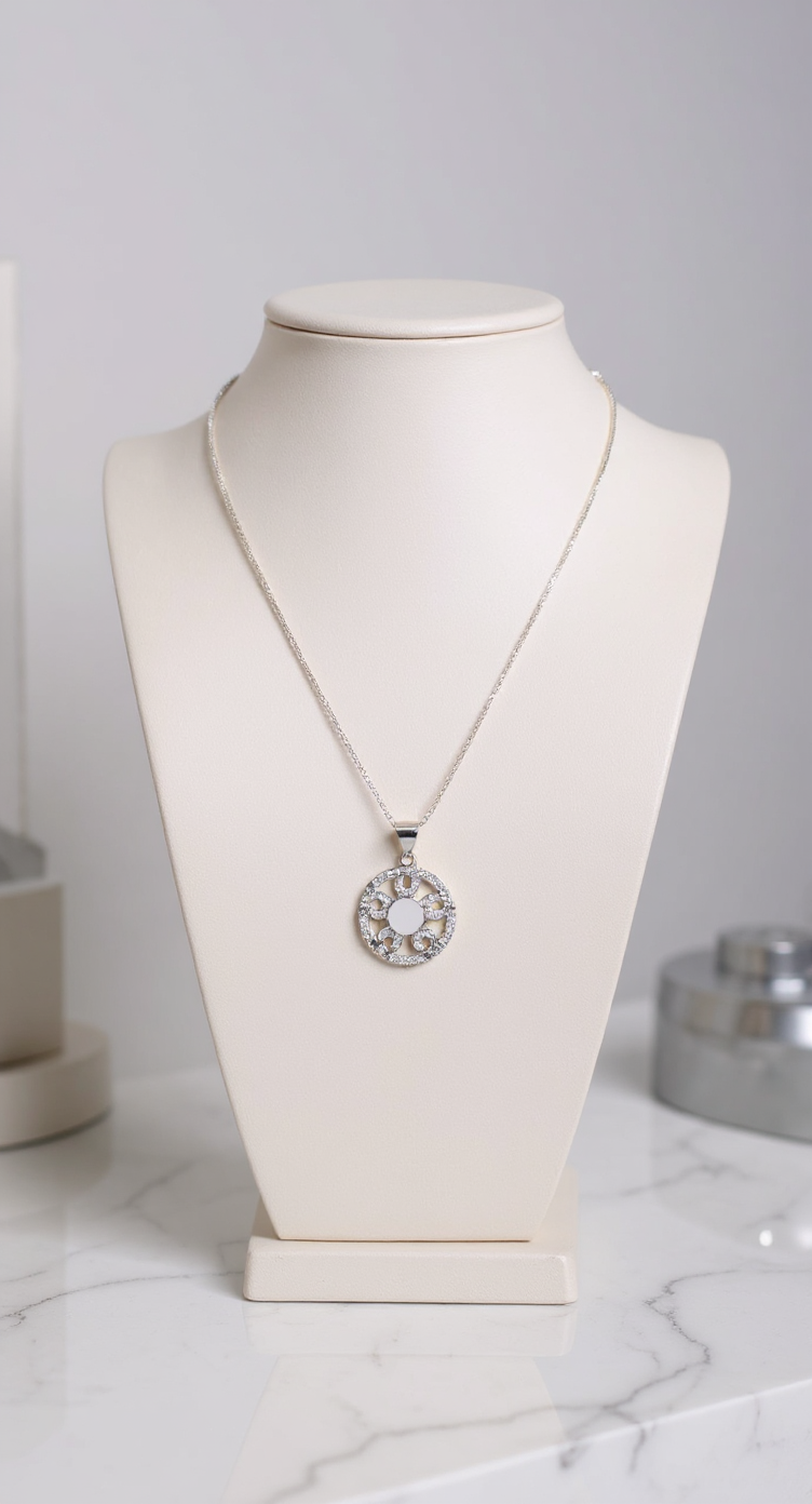 Filigree Circle Pendant Necklace with Pink Center Stone