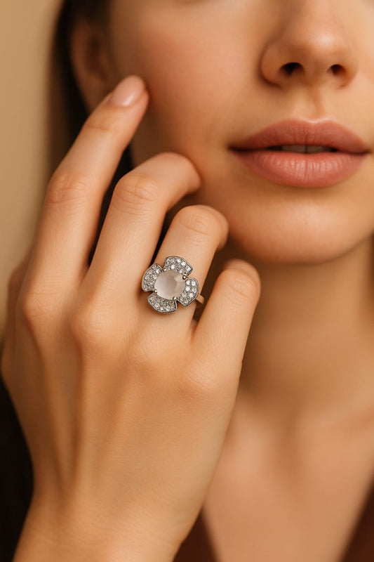 Pink Zarkoon Flower Ring — Silver Tone