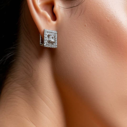 Classic Square Stud Silver Earrings – Elegant Crystal Sparkle