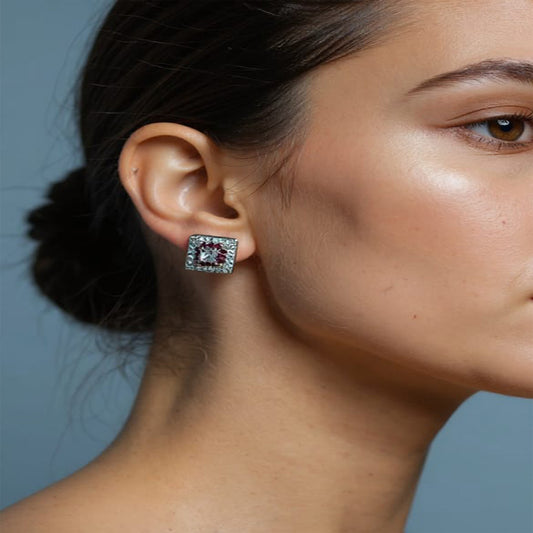 Classic Square Stud Silver Earrings – Elegant Crystal Sparkle