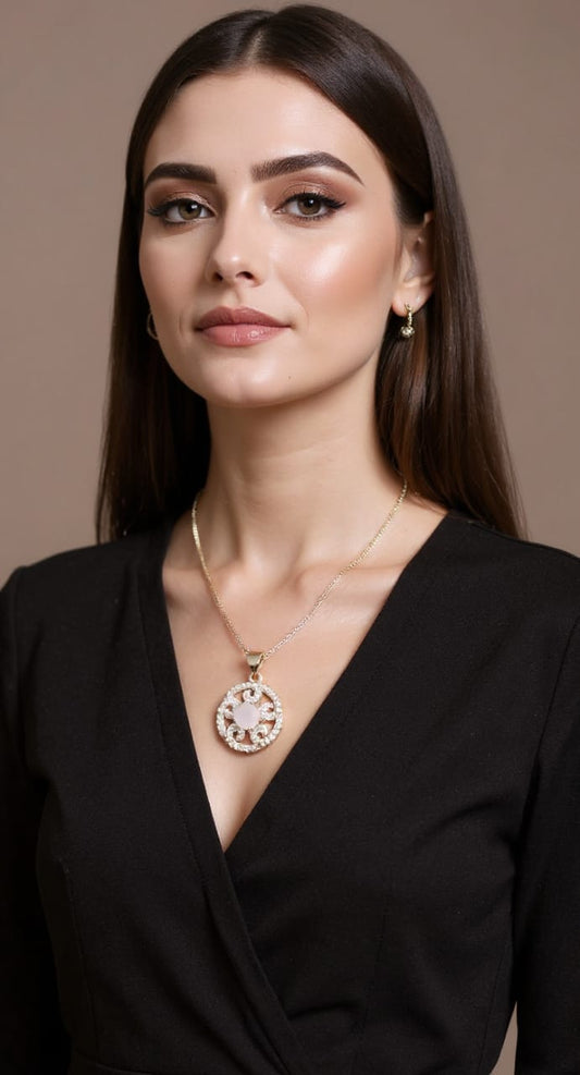 Filigree Circle Pendant Necklace with Pink Center Stone