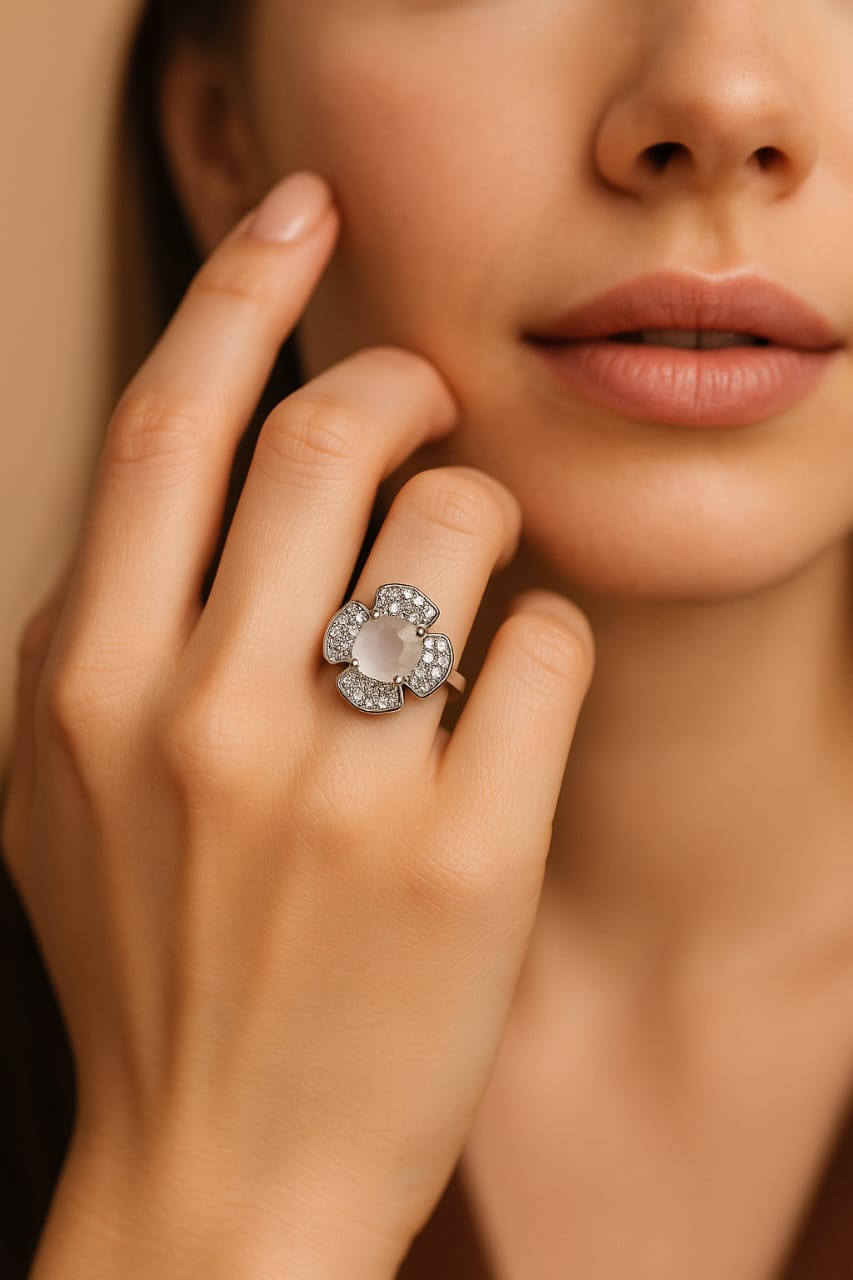 Stone Geometric Halo Ring