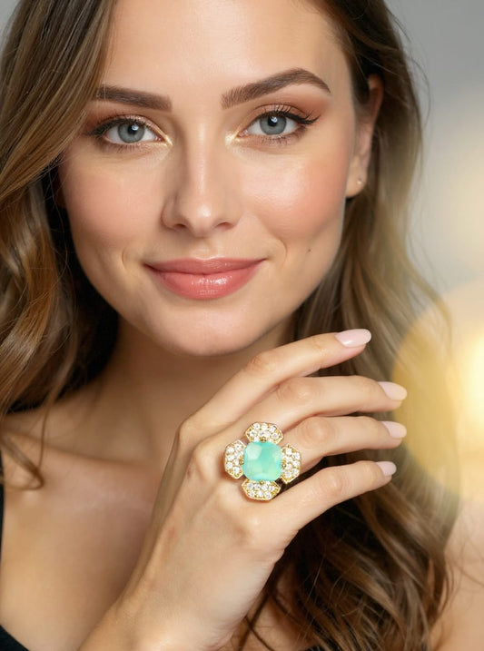 aqua Zarkoon Flower Ring — Gold Tone