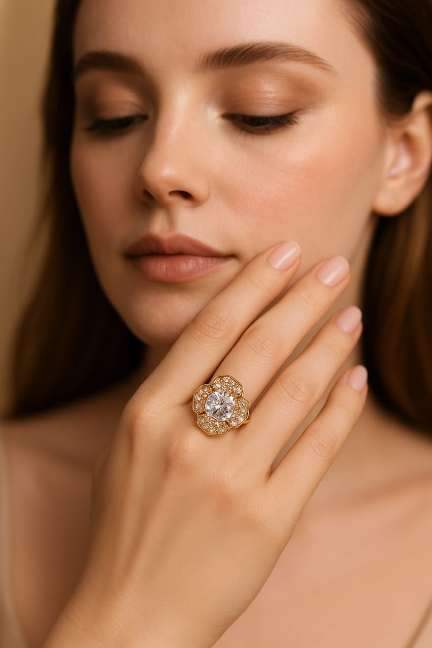 Stone Geometric Halo Ring