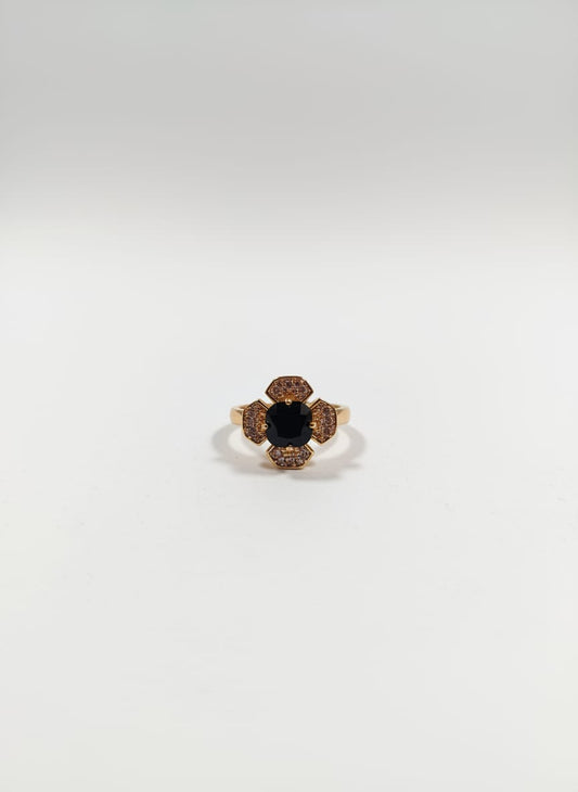 Black Zarkoon Flower Ring — Gold Tone