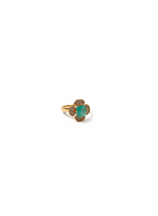 aqua Zarkoon Flower Ring — Gold Tone