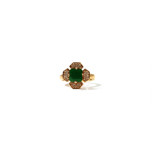 Green Zarkoon Flower Ring — Gold Tone