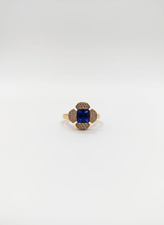 Navy Blue Zarkoon Flower Ring — Gold Tone