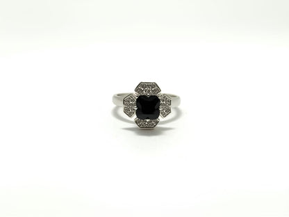 Black Zarkoon Flower Ring — Silver Tone