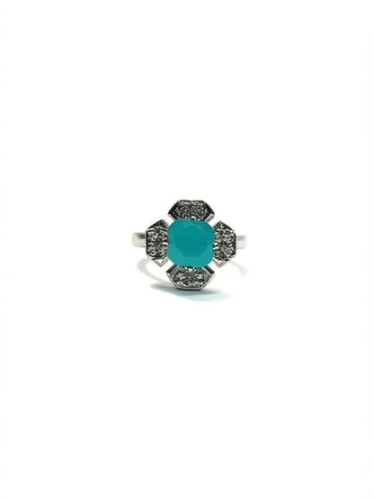 Aqua Zarkoon Flower Ring — Silver Tone