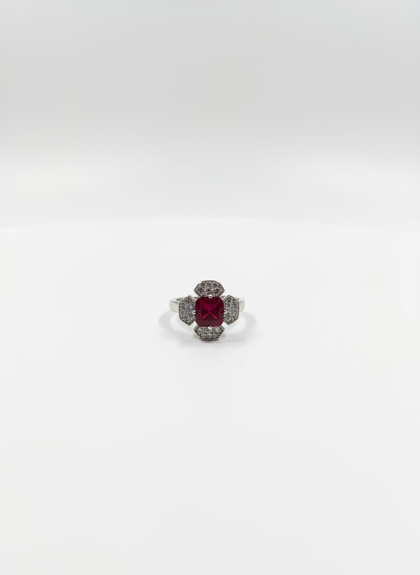 Red Zarkoon Flower Ring — silver Tone